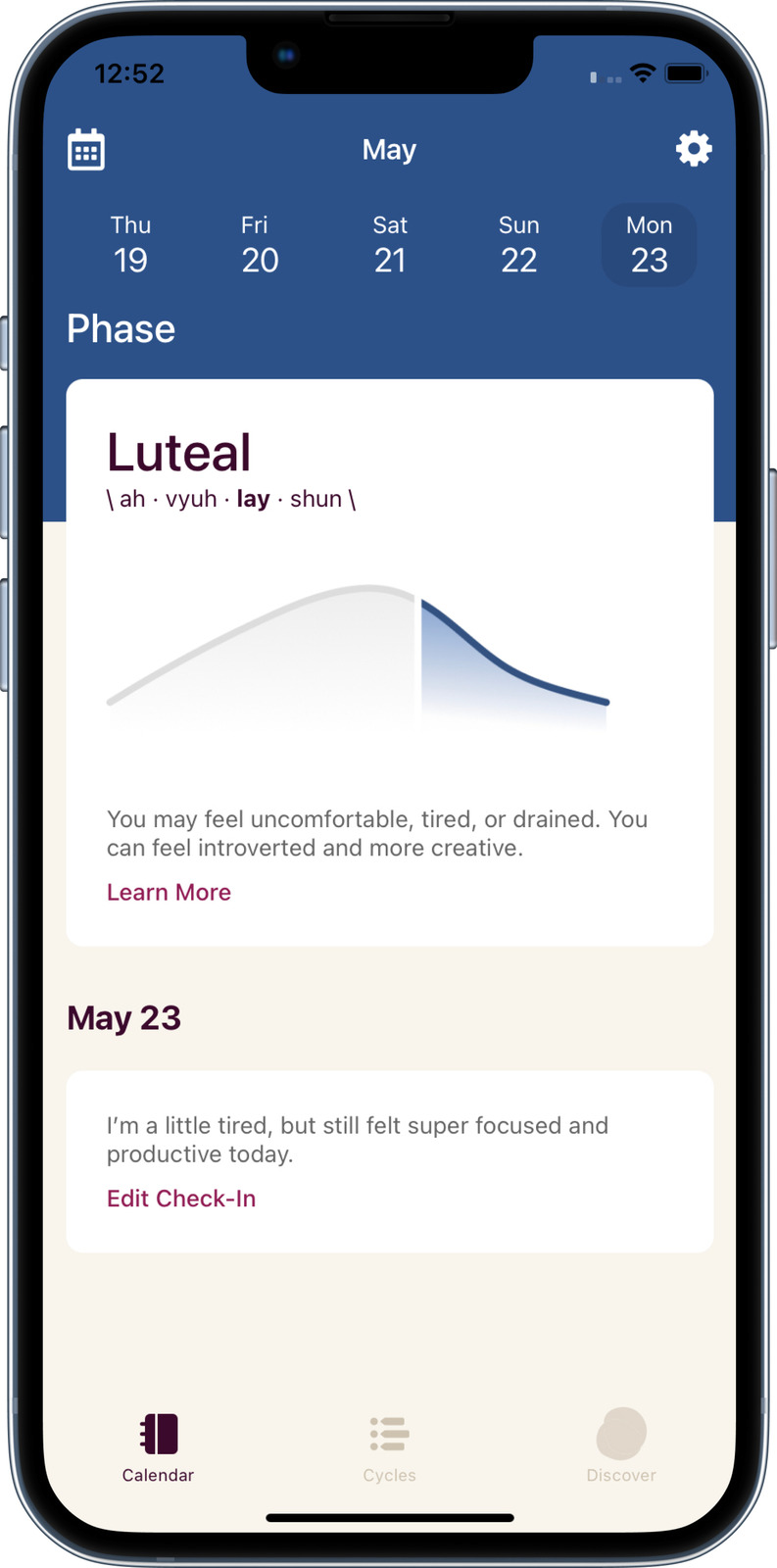 Each stage of your cycle has space for you to check in each day on how you are feeling and reflect on the impact that phase is having on you.