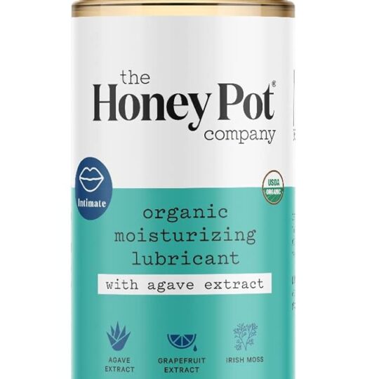 Bottle with white and teal label of The HoneyPot Company organic moisturizing lubricant