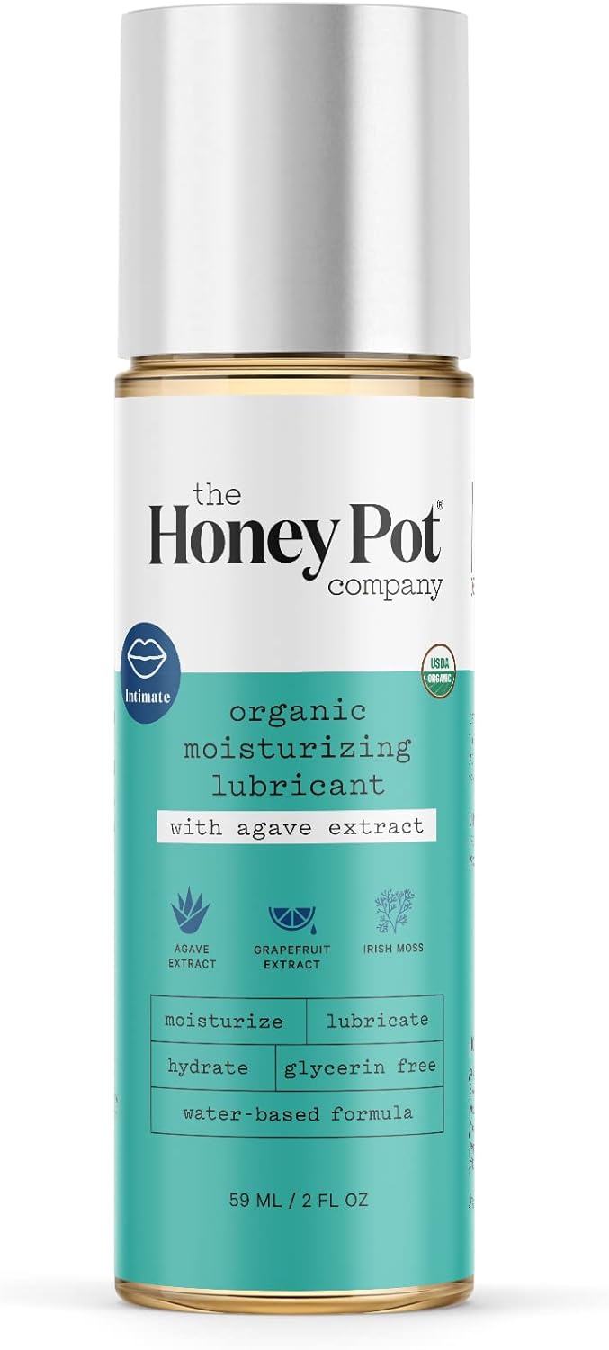 Bottle with white and teal label of The HoneyPot Company organic moisturizing lubricant
