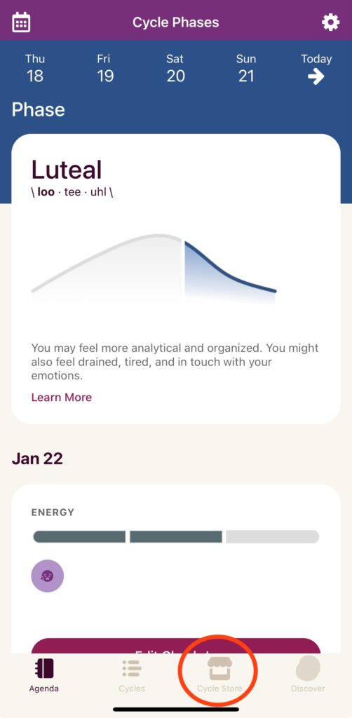 Screenshot from The Agenda. app. Shows someone in the luteal phase, promoting the cycle store to help you have a better period