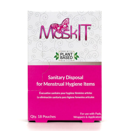 Box of MaskIt Sanitary Disposal for Menstrual Hygiene Item bags. White top and pick bottom box.